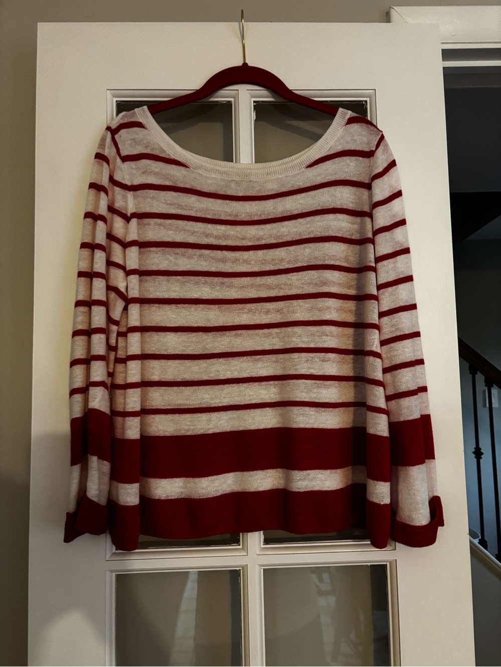 Brooks Brothers Women's Red and Cream Striped Knit Sweater - 100% Linen